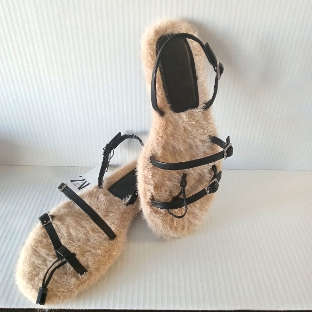 Zara Beige Faux Fur Sandals with Black Straps